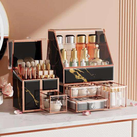 Black Glass Makeup Organizer - Large Vanity Countertop Storage